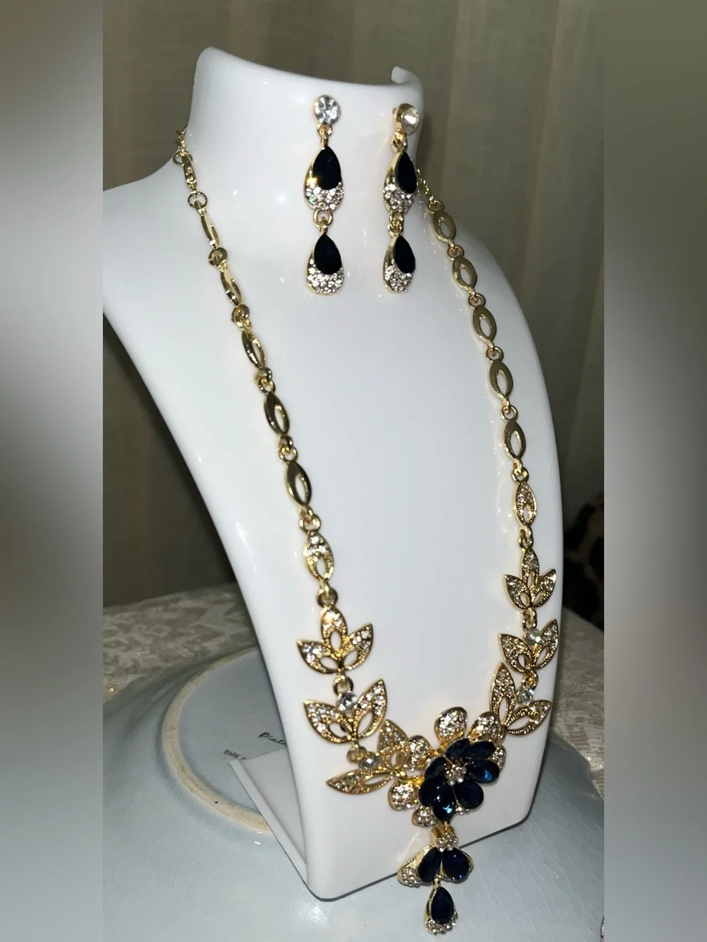 Floral Statement Necklace & Earring Set / Dark Blue & White Rhinestones NEW